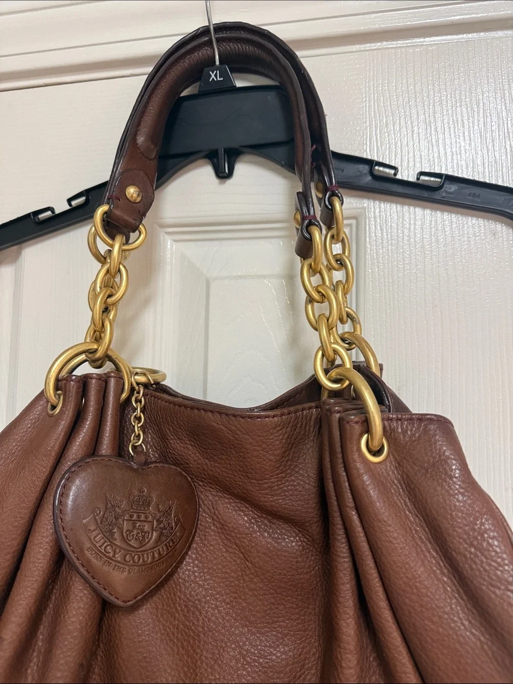 Vintage Juicy Couture 100% Cow Hide Brown Leather Shoulder Bag with Heart Char